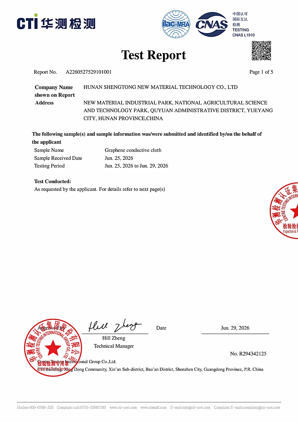 CTI California Proposition 65 test report A2260527529101001 for graphene conductive cloth